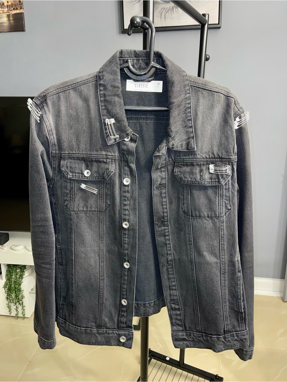 Topman Black Washed Denim Jacket with Safety Pin Details